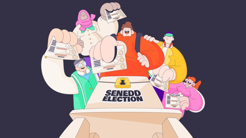 A cartoon graphic showing people voting