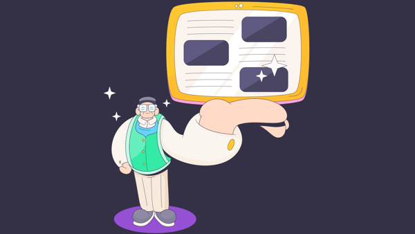 A cartoon graphic of a man holding up a tablet computer and showing the vote.wales website on the screen