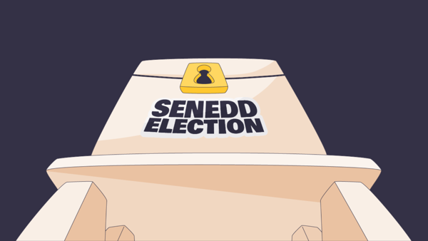 A cartoon graphic of a ballot box with the words "Senedd election" on it