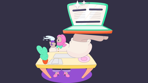 A cartoon graphic of a woman holding up a laptop and showing the vote.wales website on the screen