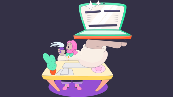 A cartoon graphic of a woman holding up a laptop and showing the vote.wales website on the screen