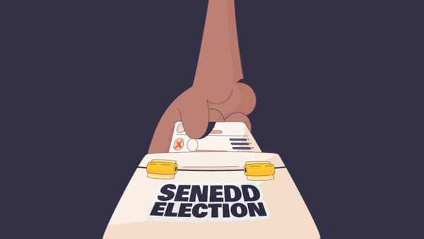 A cartoon graphic showing a hand putting a ballot paper in a ballot box