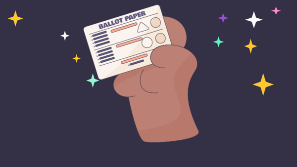 A cartoon graphic showing a hand holding a ballot paper